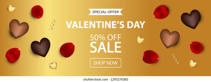 Valentine's Day Sale Background, 50% OFF. Top view vector illustration with brown chocolate hearts and rose petals. For website, posters, newsletter, ads, coupons, promotional and marketing banners.