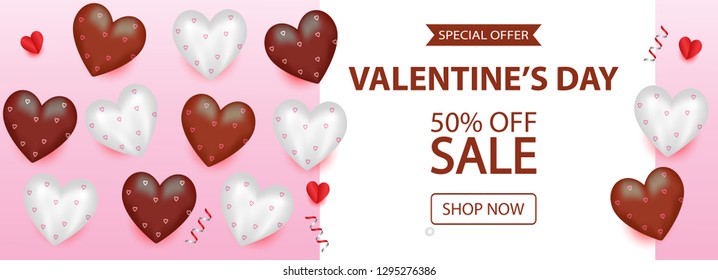 Valentine's Day Sale Background, 50% OFF. Top view vector illustration with white and brown chocolate hearts. For website, posters, newsletter designs, ads, coupons, promotional and marketing banners.