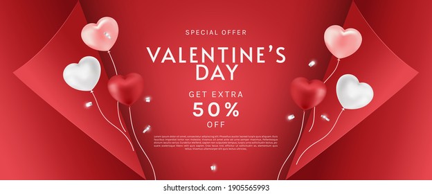 Valentine's day sale background with balloon and red paper cut. Can be used for wallpaper, flyers, invitation, posters, brochure, banners. Vector illustration.