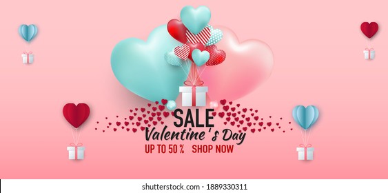 Valentines day sale background with balloons heart pattern. Vector illustration. 