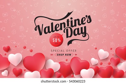 Valentines day sale background with balloons hearts and icon set pattern. Vector illustration. Wallpaper, flyers, invitation, posters, brochure, banners.