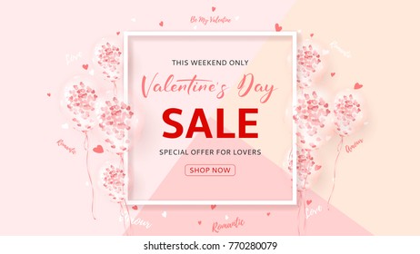 Valentine's Day Sale Background. Beautiful Banner with Realistic Transparent Pink Air Balloons with Confetti. Vector Illustration with Hearts. Seasonal Offer.