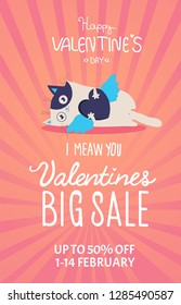 Valentines day sale background with cat and heart. Vector illustration. Wallpaper, flyers, invitation, posters, brochure, banners.