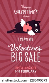 Valentines day sale background with cat and heart. Vector illustration. Wallpaper, flyers, invitation, posters, brochure, banners.