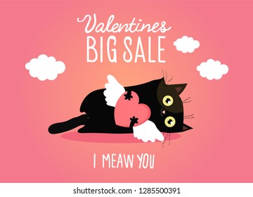 Valentines day sale background with cat and heart. Vector illustration. Wallpaper, flyers, invitation, posters, brochure, banners.