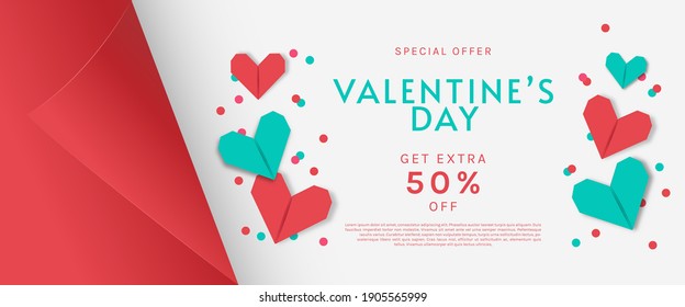 Valentine's day sale background with colorful paper heart on red paper cut. Can be used for wallpaper, flyers, invitation, posters, brochure, banners. Vector illustration.