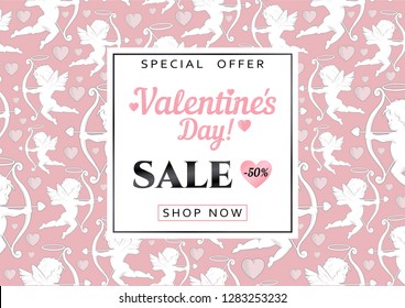 Valentines day sale background with cupids pattern. Vector illustration. Wallpaper, flyers, invitation, posters, brochure, banners