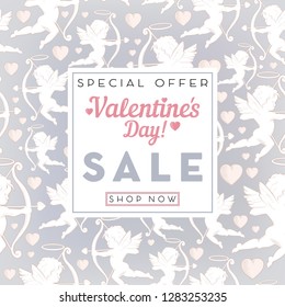 Valentines day sale background with cupids pattern. Vector illustration. Wallpaper, flyers, invitation, posters, brochure, banners