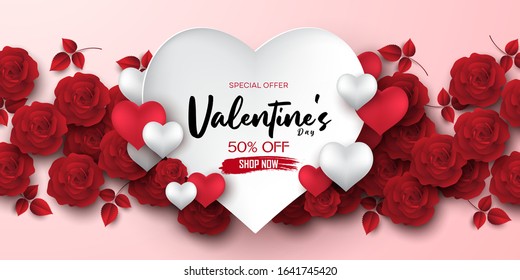 Valentine's Day sale background design with paper cut heart and red rose. Vector illustration for website, posters, ads, coupons, promotional material.