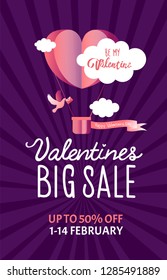 Valentines day sale background with dove and heart. Vector illustration. Wallpaper, flyers, invitation, posters, brochure, banners.