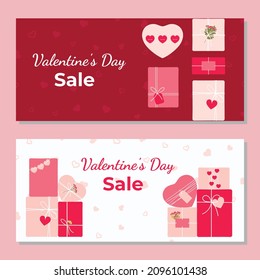 Valentine's day sale background with eco-friendly packaging gifts for Happy Valentine's day. Wrapping present boxes with kraft paper, hearts, flower. Hand drawn vector illustration for banners, flyers