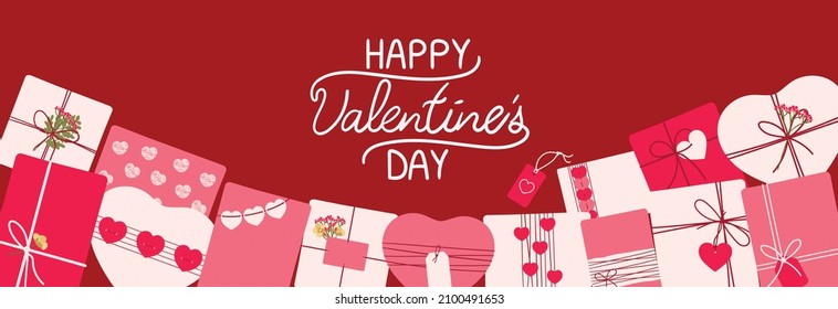 Valentine's day sale background with eco-friendly packaging gifts for Happy Valentine's day. Wrapping present boxes with kraft paper, hearts, flower. Hand drawn vector illustration for banners, flyers