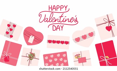 Valentine's day sale background with eco-friendly packaging gifts for Happy Valentine's day. Wrapping present boxes with kraft paper, hearts, flower. Hand drawn vector illustration for banners, flyers