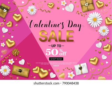 Valentines day sale background frame decorated top view hearts, gift box, serpentine, stars and flowers. Vector illustration.