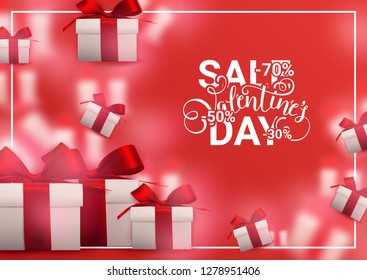 Valentine's day sale background with gift boxes and red ribbons. Romantic design for flyer, card, invitation, poster, banner. Discount, shop promotion template. - Vector