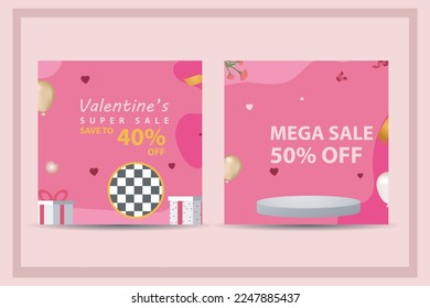 Valentine's Day sale background with gift, love, balloons, podium ornament Vector set illustration. Wallpaper. Flyers, invitations, posters, brochures, banners.