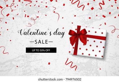 Valentines day sale background with gift box and red confetti. Wallpaper.flyers, invitation, posters, brochure, banners.