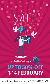 Valentines day sale background with girl and gift box. Vector illustration. Wallpaper, flyers, invitation, posters, brochure, banners.