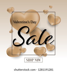 Valentines day sale background of gold Heart and frame with Valentine's Day sale and Shop now text. Banners, invitation, posters, brochure, flyers, voucher discount. Vector illustration.