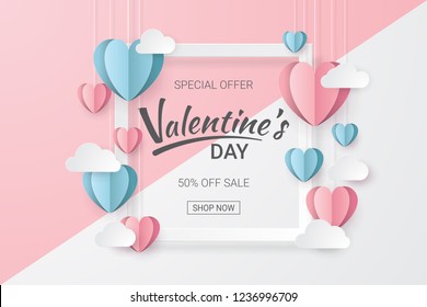 Valentines day sale background with Heart shape and clouds. Paper cut style. Can be used for Wallpaper, flyers, invitation, posters, brochure, banners. Vector illustration.