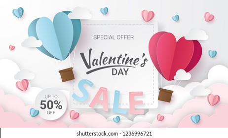 Valentines day sale background with Heart Balloons and clouds. Paper cut style. Can be used for Wallpaper, flyers, invitation, posters, brochure, banners. Vector illustration.