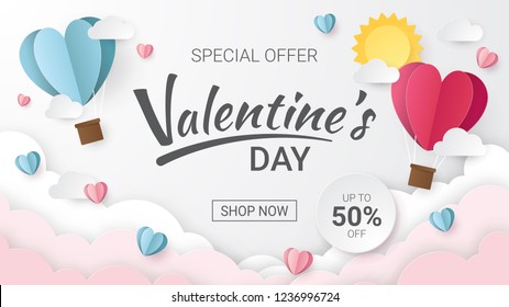 Valentines day sale background with Heart Balloons, clouds and sun. Paper cut style. Can be used for Wallpaper, flyers, invitation, posters, brochure, banners. Vector illustration.