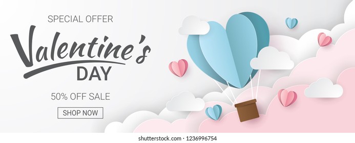 Valentines day sale background with Heart Balloons and clouds. Paper cut style. Can be used for Wallpaper, flyers, invitation, posters, brochure, banners. Vector illustration.