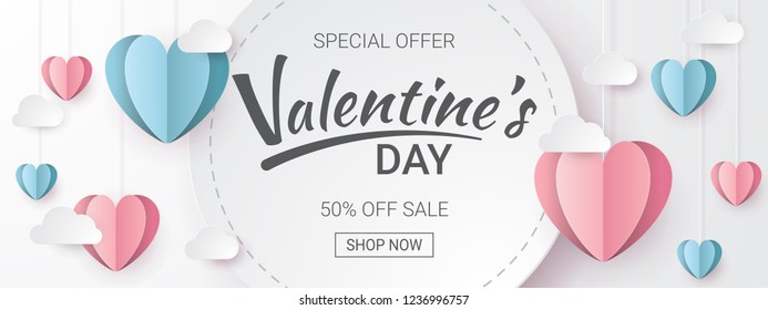 Valentines day sale background with Heart shape and clouds. Paper cut style. Can be used for Wallpaper, flyers, invitation, posters, brochure, banners. Vector illustration.