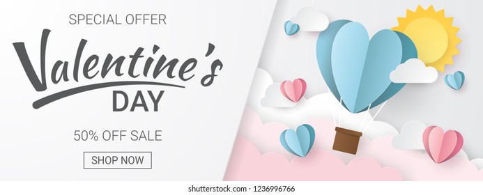 Valentines day sale background with Heart Balloons, clouds and sun. Paper cut style. Can be used for Wallpaper, flyers, invitation, posters, brochure, banners. Vector illustration.