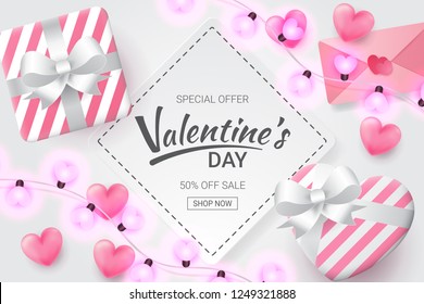 Valentines day sale background with Heart Shaped, love letter, gift and love shaped lamp . Vector illustration.Wallpaper.flyers, invitation, posters, brochure, banners.