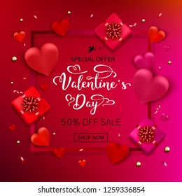 Valentines day sale background with heart gifts, serpantine. Vector illustration. Wallpaper.flyers, invitation, posters, brochure, banners