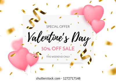 Valentines day sale background with Heart Shaped Balloons and golden confetti. Discount offer. Vector illustration