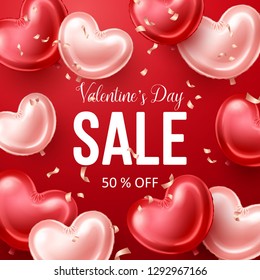 Valentines Day sale background with heart shaped balloons. Holiday vector illustration
