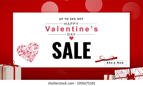 Valentines Day Sale background with heart pattern and typography Happy Valentines Day text on white background. Vector illustration. Romantic quote postcard, postcard, invitation, banner template.