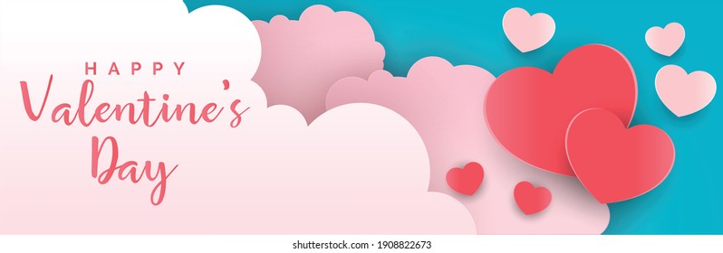 Valentines day sale background with Heart Balloons and clouds. Paper cut style. Can be used for Wallpaper, flyers, invitation, posters, brochure, banners. Vector illustration. 