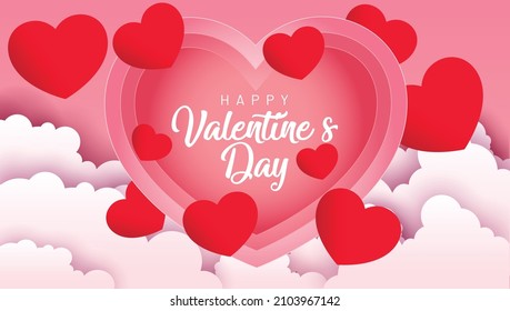 Valentines day sale background with Heart Balloons and clouds. Paper cut style. Can be used for Wallpaper, flyers, invitation, posters, brochure, banners. Vector illustration.