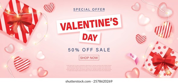 Valentine's day sale background with heart shape balloon, streamers, gift box and garland. Modern design. vector background for poster, banners, flyers, card, advertising brochur