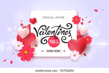 Valentines day sale background with Heart Shaped Balloons and flower. Vector illustration.banners.Wallpaper.flyers, invitation, posters, brochure, voucher discount.