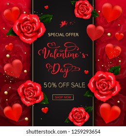 Valentines day sale background with hearts, roses, gold bubbles, sparkles on red background. Vector illustration. Wallpaper.flyers, invitation, posters, brochure, banners