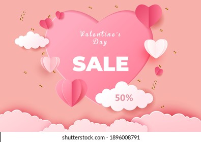 Valentine's day sale background with hearts, clouds. Modern design Universal vector background for posters, banners, flyers, postcards, advertising brochures. vector