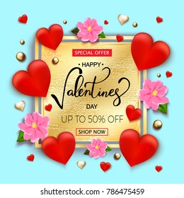 Valentines day sale background with hearts, flowers and hand lettering. Vector. Wallpaper.flyers, invitation, posters, brochure, banners 