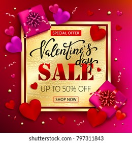 Valentines day sale background with hearts, gift box, serpantine  and hand lettering. Wallpaper, flyers, invitation, posters, brochure, banners. Vector illustration