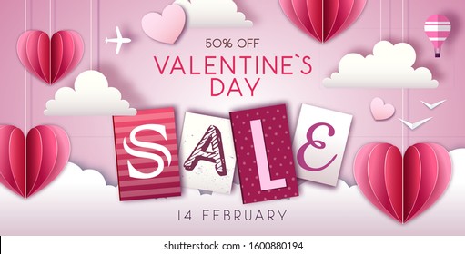 Valentines day sale background with love heart in the sky. Cut out paper art style design