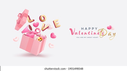 Valentine's Day Sale background. Love composition with heart balloon, gift box, emoji and 3d letter design. Vector illustration template for website, posters, ads, coupons, promotional material