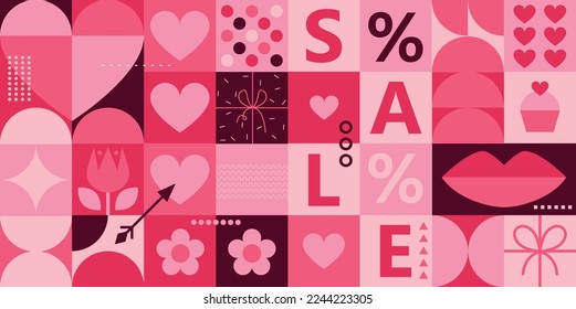 Valentine's day sale background. Love and heart. Trendy geometric shapes with circles, squares and hearts in retro style for a Valentine's Day sale background
