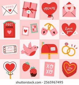 Valentines day sale background. Love and heart geometric pattern. Trendy geometric shapes in retro style for a Valentines Day poster