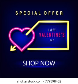 Valentines Day sale background with neon heart vector for holiday design Wallpaper, flyers, invitation, posters, brochure, banners, gift card.