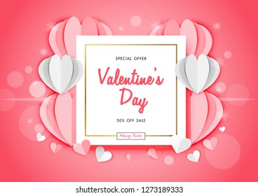 Valentine's day sale background with paper art of origami heart shape, vector illustration template, banners, Wallpaper, invitation, posters, brochure, voucher discount.