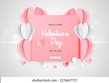 Valentine's day sale background with paper art of origami heart shape, vector illustration template, banners, Wallpaper, invitation, posters, brochure, voucher discount.