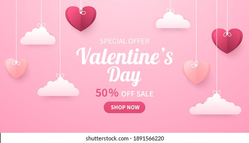 Valentine's day sale background with paper hearts and clouds hanging from the clothesline. Vector illustration. Wallpaper. Flyers, invitations, posters, brochures, banners.